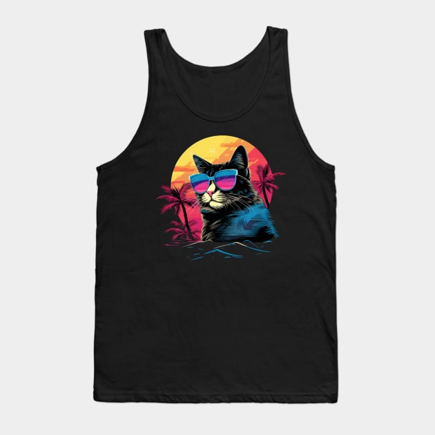 Retro Wave Japanese Bobtail Cat Shirt Tank Top by Miami Neon Designs